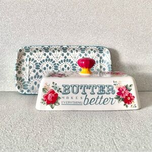 Pioneer Woman Butter Makes Everything Better Butter Dish & Cover Teal Scrolls